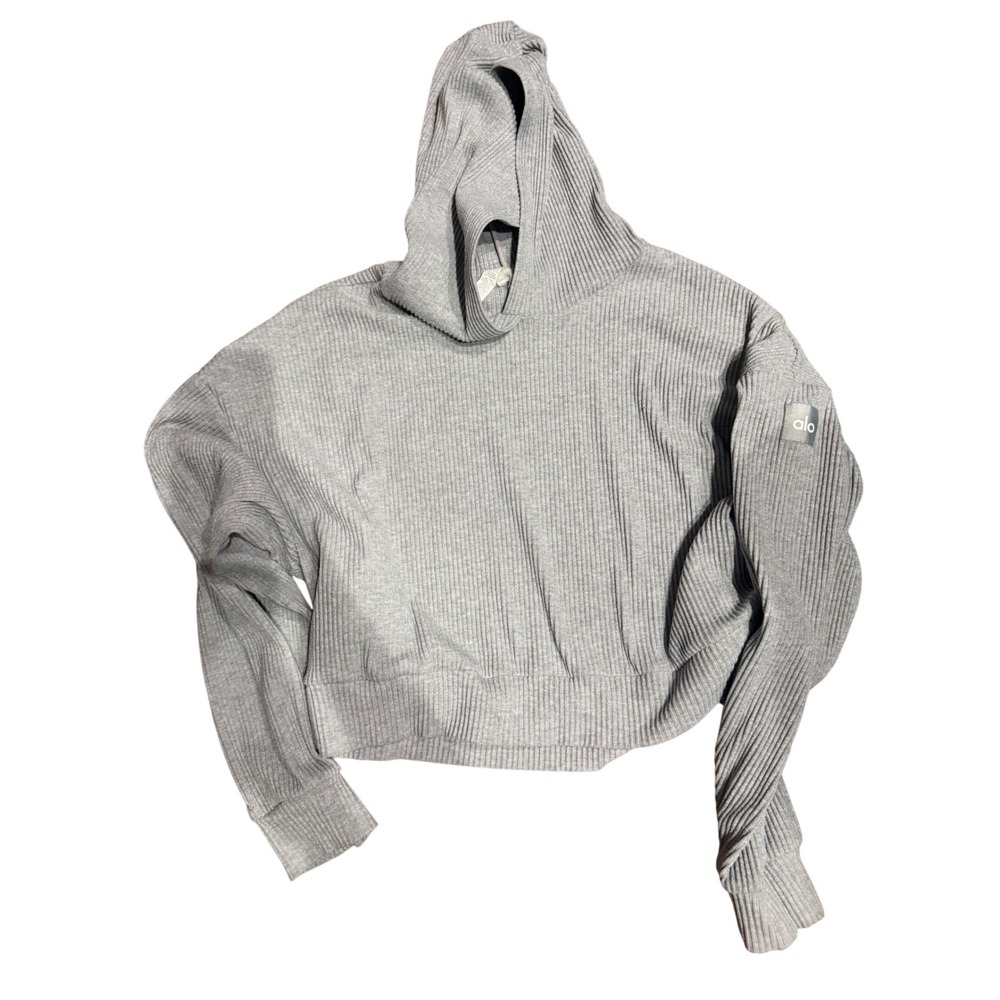 Alo Yoga Gray Muse Ribbed Cropped Hoodie Sweatshirt Large W4328R